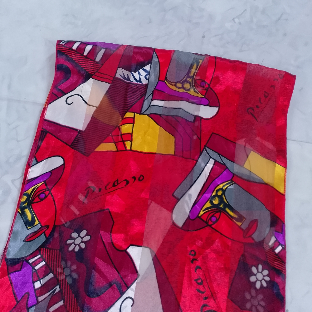 Vintage Picasso Abstract Silk Scarf Red 60x13 Artistic Retro Accessory - Picture 8 of 8